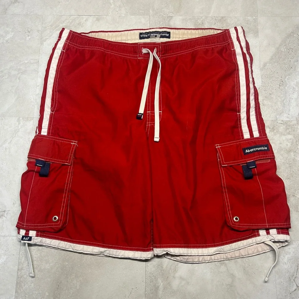 Abercrombie & Fitch Swim Trunks Red Cargo Board Shorts Mens 40 Vintage Y2K